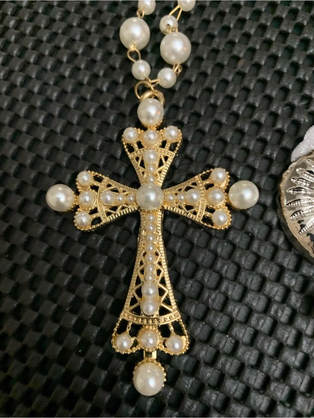 Gold Pearl Cross Necklace, Matching Necklace Drop Earrings & Silver 🐚 Earrings